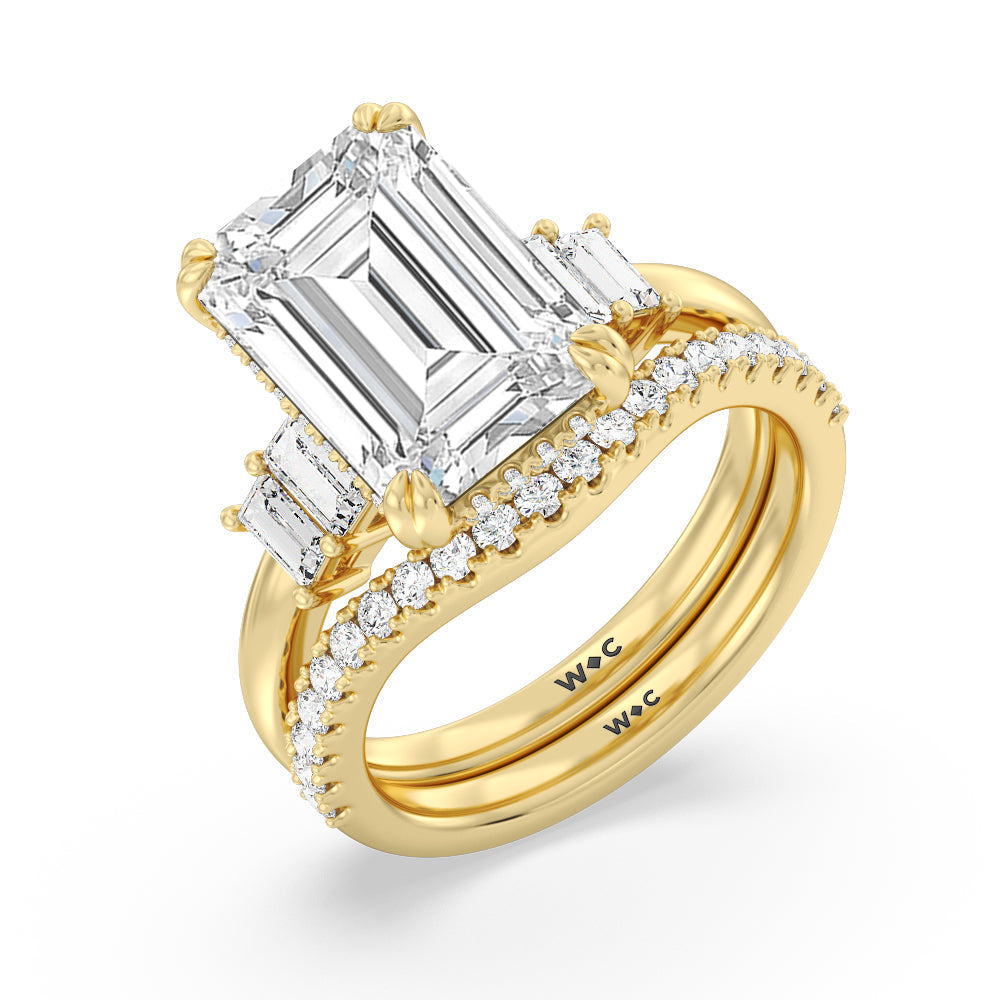 Elegance Emerald Cut Side Stone Diamond Wedding Band with 18KT Yellow Gold Cut Diamond in 14KT Yellow Gold view 3
