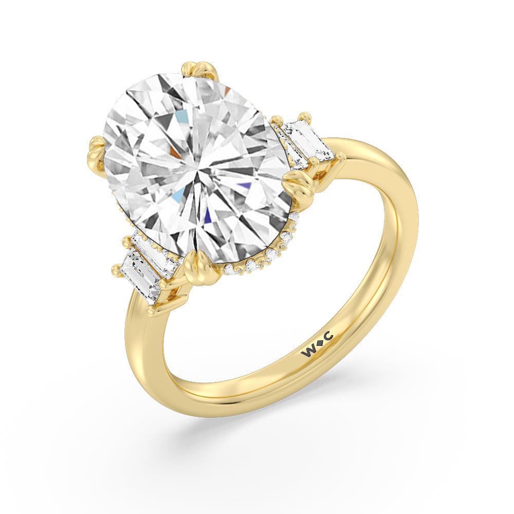 Oval Cut Elegance Emerald Cut Side Stone Engagement Ring with Lab Grown Diamond in 14KT Yellow Gold view 3
