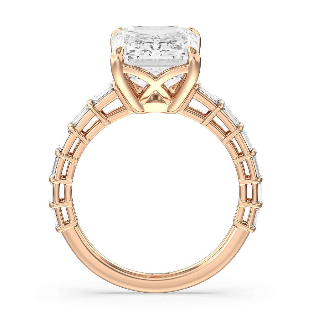 Emerald Cut Elegance Two Row Baguette Studded Engagement Ring with Lab Grown Diamond in 14KT Rose Gold view 2
