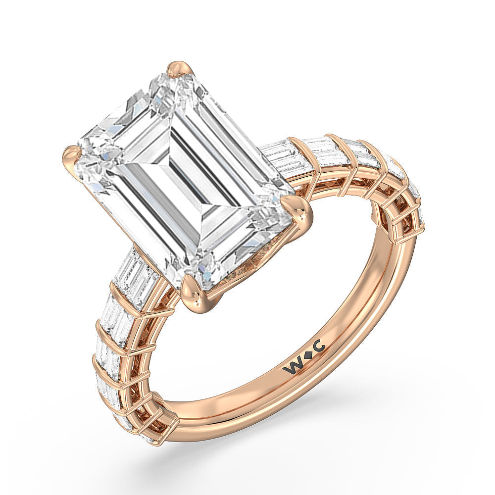 Emerald Cut Elegance Two Row Baguette Studded Engagement Ring with Lab Grown Diamond in 14KT Rose Gold view 3
