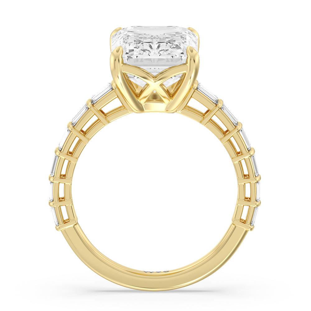 Emerald Cut Elegance Two Row Baguette Studded Engagement Ring with Lab Grown Diamond in 14KT Yellow Gold view 2
