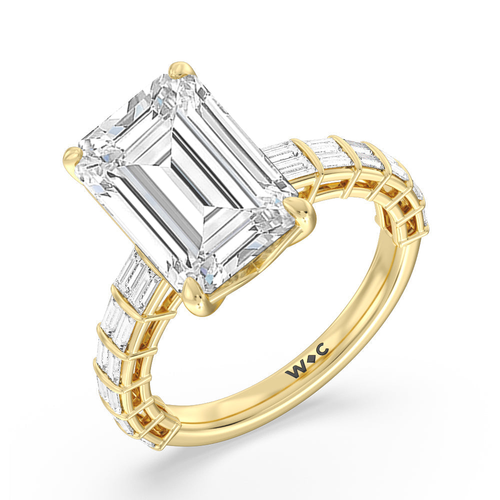 Emerald Cut Elegance Two Row Baguette Studded Engagement Ring with Lab Grown Diamond in 14KT Yellow Gold view 3
