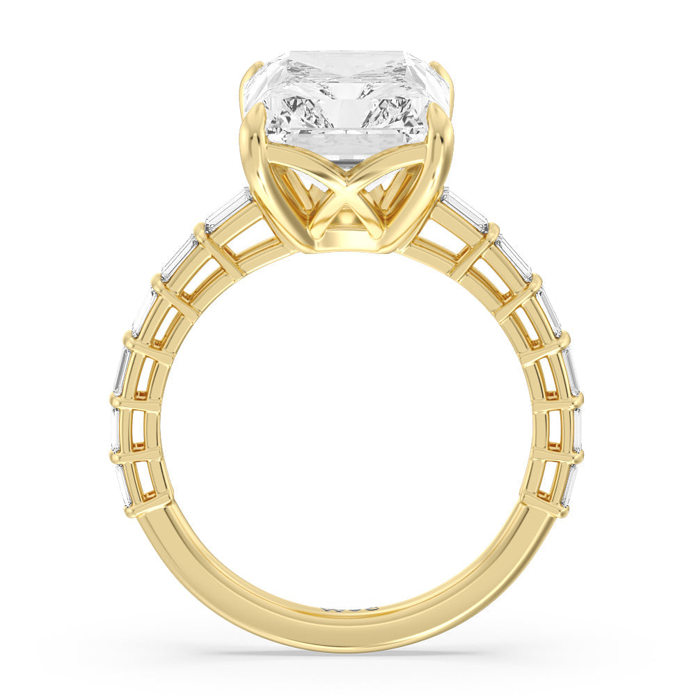 Radiant Cut Elegance Two Row Baguette Studded Engagement Ring with Lab Grown Diamond in 14KT Yellow Gold view 2
