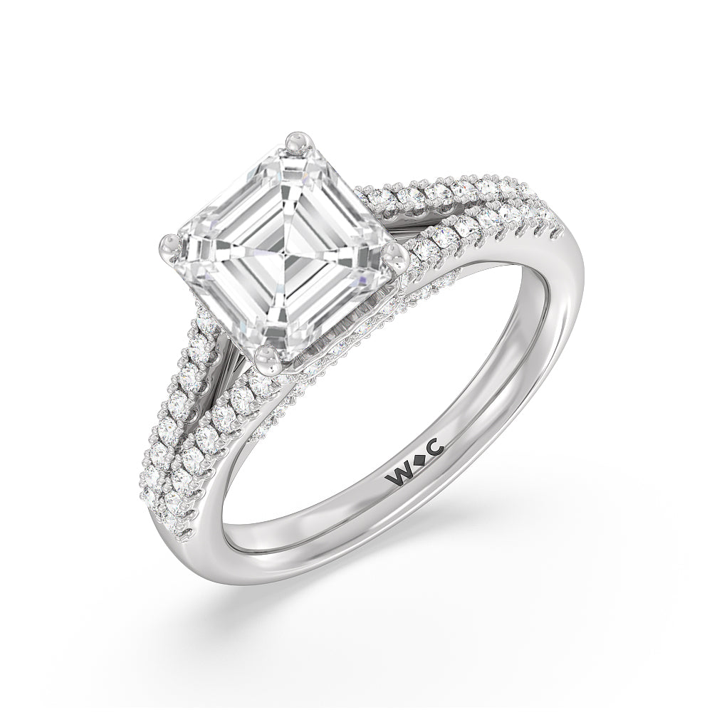Split Shank Scalloped Hidden Halo Engagement Ring with Asscher Cut Diamond in 14KT Platinum view 3
