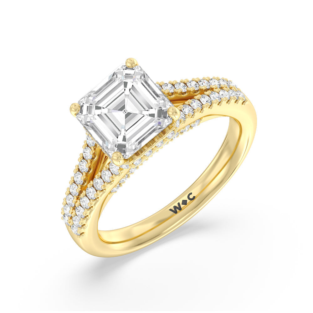 Split Shank Scalloped Hidden Halo Engagement Ring with Asscher Cut Diamond in 14KT Yellow Gold view 3
