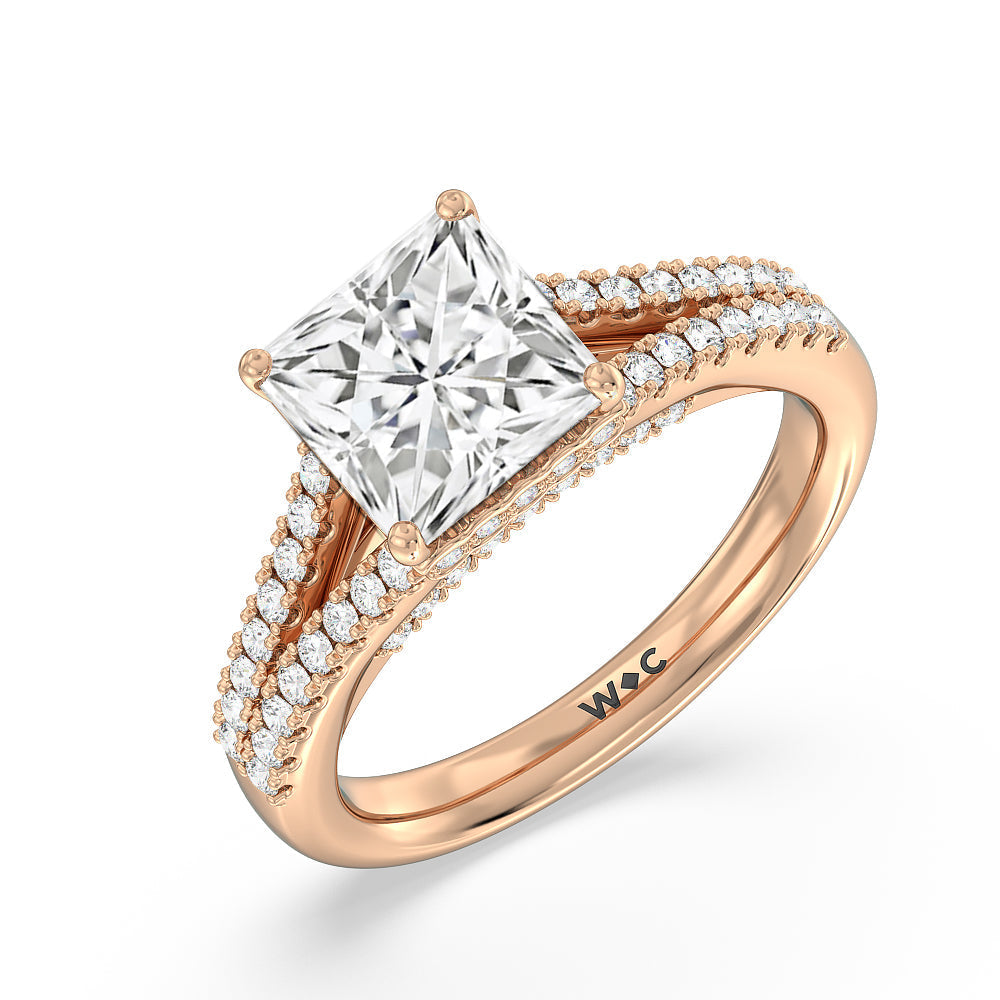 Split Shank Scalloped Hidden Halo Engagement Ring with Princess Cut Diamond in 14KT Rose Gold view 3
