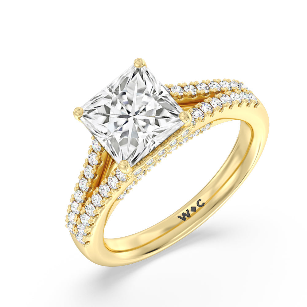 Split Shank Scalloped Hidden Halo Engagement Ring with Princess Cut Diamond in 14KT Yellow Gold view 3
