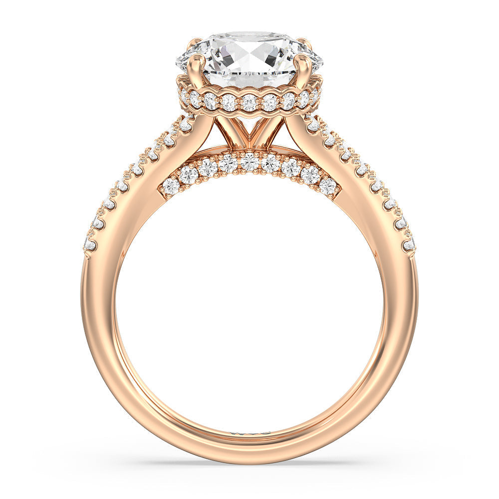 Split Shank Scalloped Hidden Halo Engagement Ring with Round Cut Diamond in 14KT Rose Gold view 2
