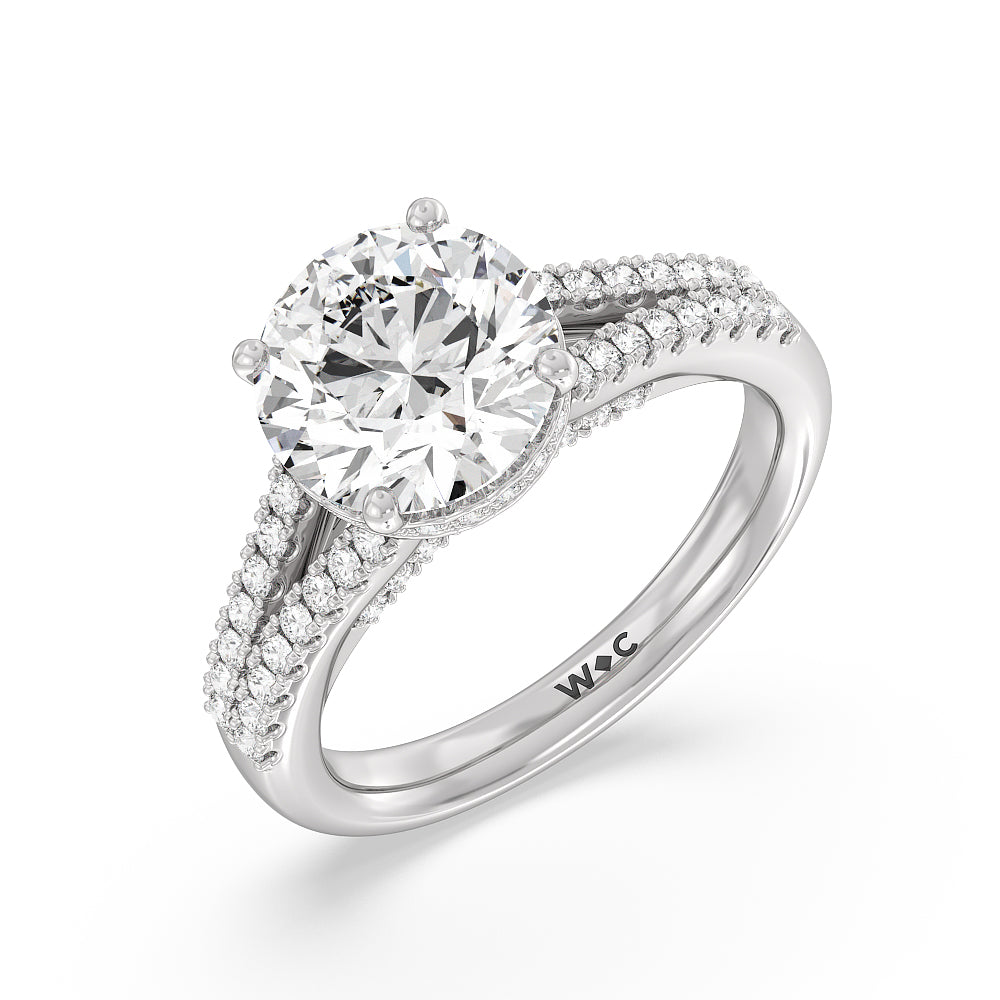 Split Shank Scalloped Hidden Halo Engagement Ring with Round Cut Diamond in 14KT Platinum view 3
