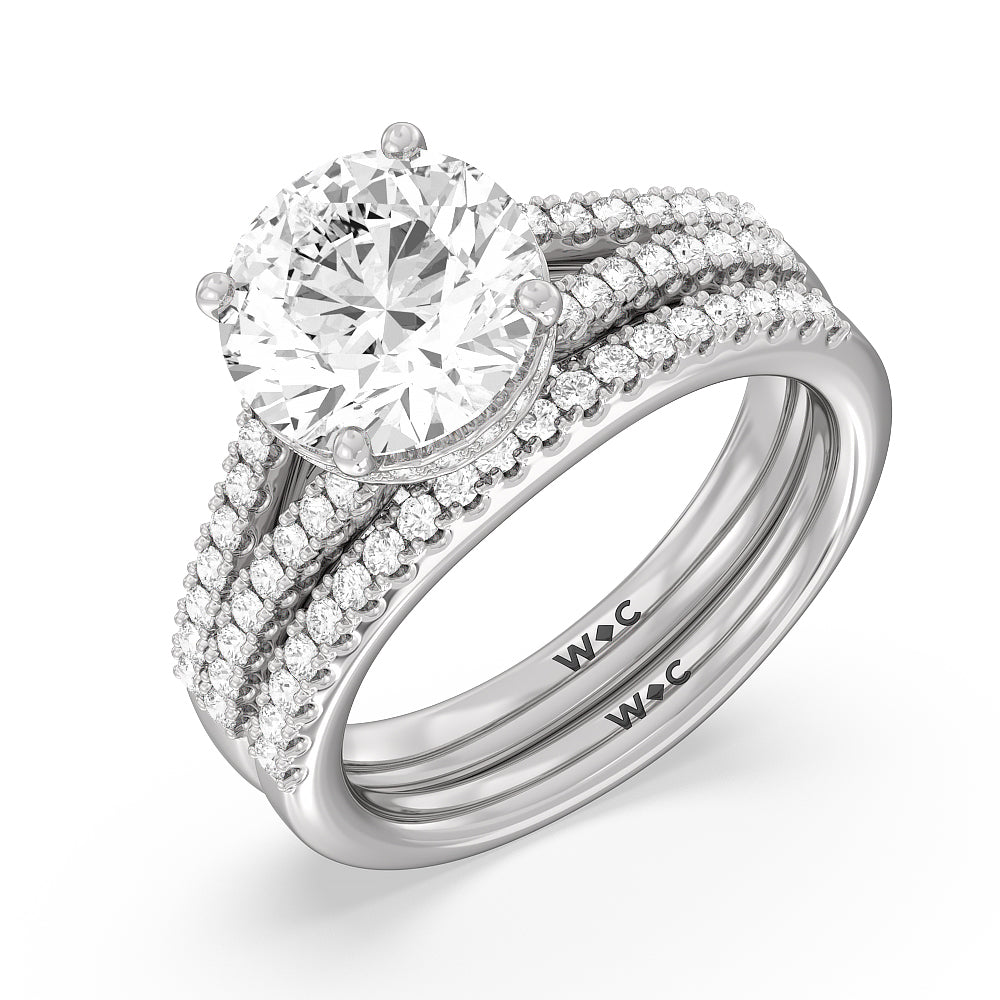Split Shank Scalloped Hidden Halo Diamond Wedding Band with 18KT White Gold Cut Diamond in 14KT White Gold view 3
