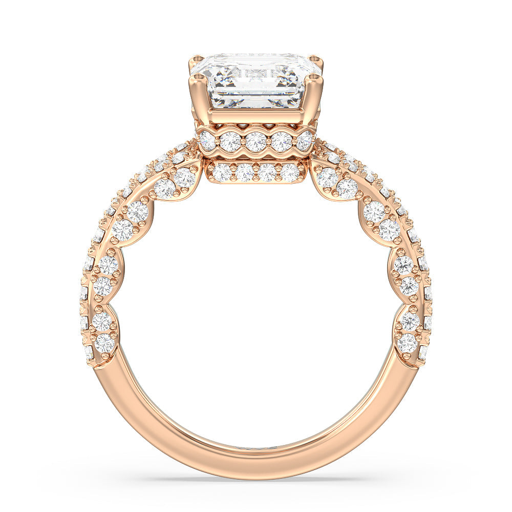 Pave Split Shank Scalloped Hidden Halo Engagement Ring with Asscher Cut Diamond in 14KT Rose Gold view 2

