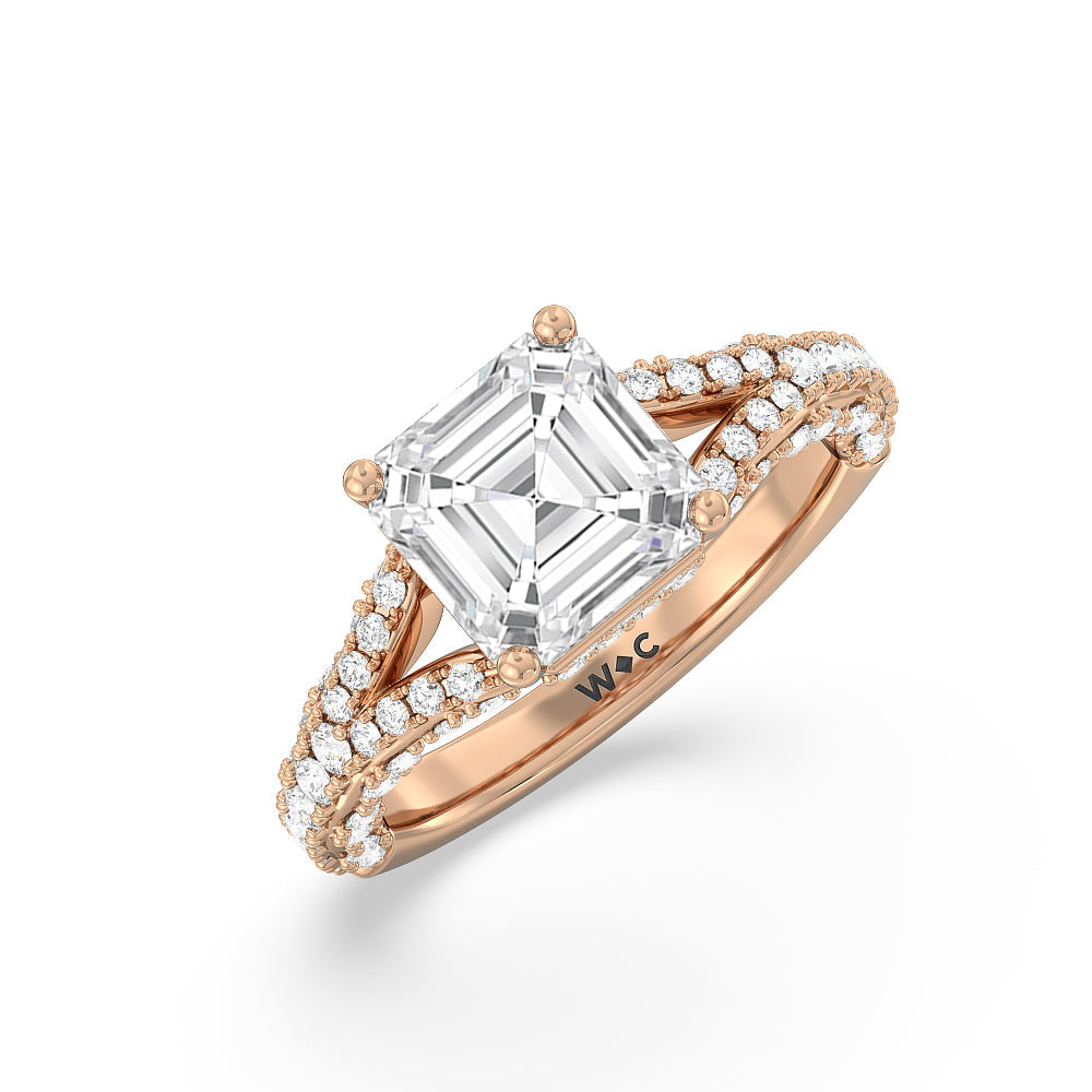 Pave Split Shank Scalloped Hidden Halo Engagement Ring with Asscher Cut Diamond in 14KT Rose Gold view 3

