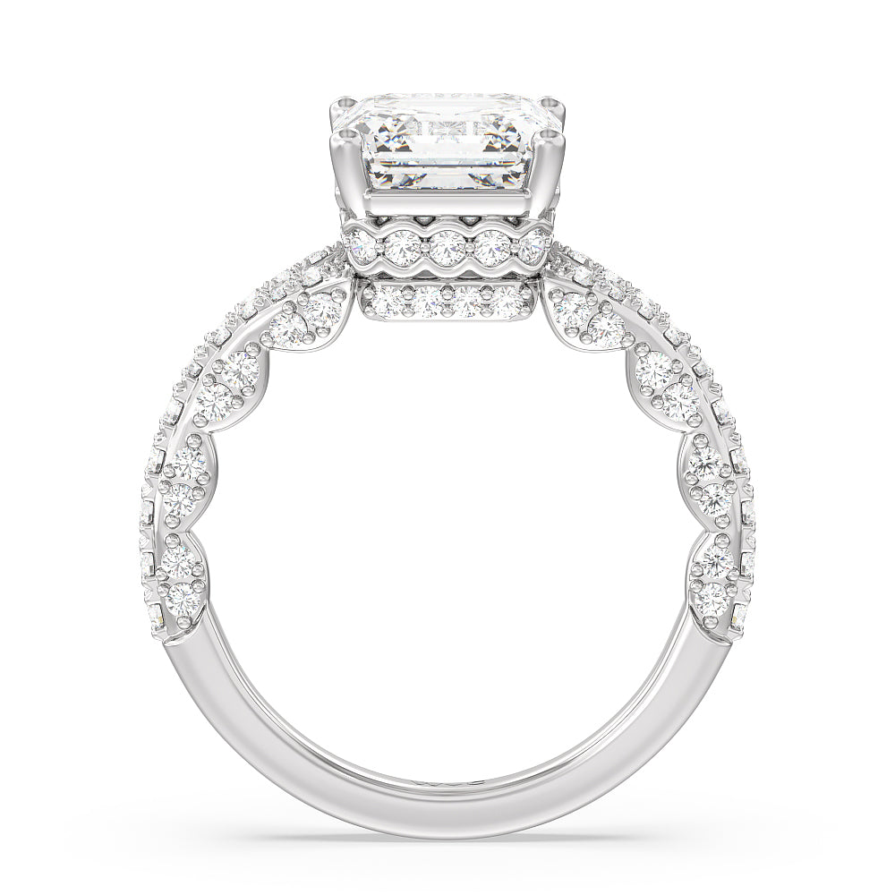 Pave Split Shank Scalloped Hidden Halo Engagement Ring with Asscher Cut Diamond in 14KT Platinum view 2
