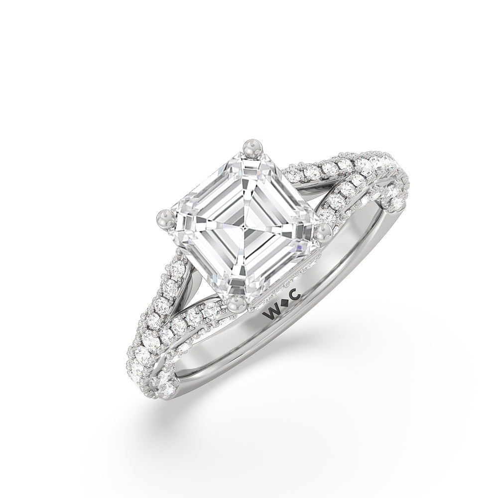 Pave Split Shank Scalloped Hidden Halo Engagement Ring with Asscher Cut Diamond in 14KT Platinum view 3

