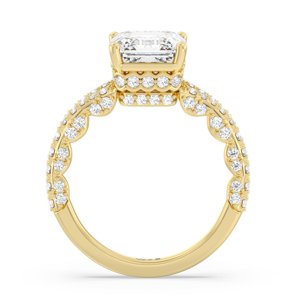 Pave Split Shank Scalloped Hidden Halo Engagement Ring with Asscher Cut Diamond in 14KT Yellow Gold view 2

