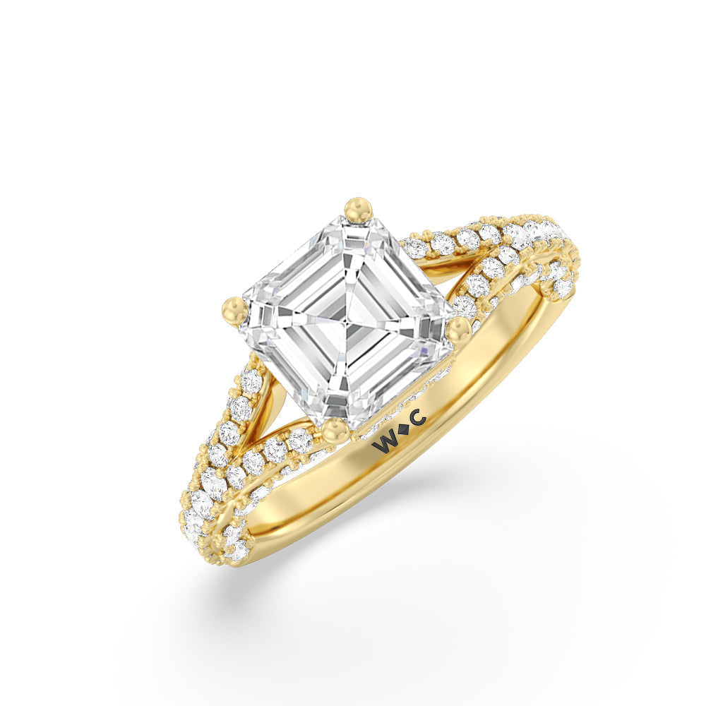 Pave Split Shank Scalloped Hidden Halo Engagement Ring with Asscher Cut Diamond in 14KT Yellow Gold view 3

