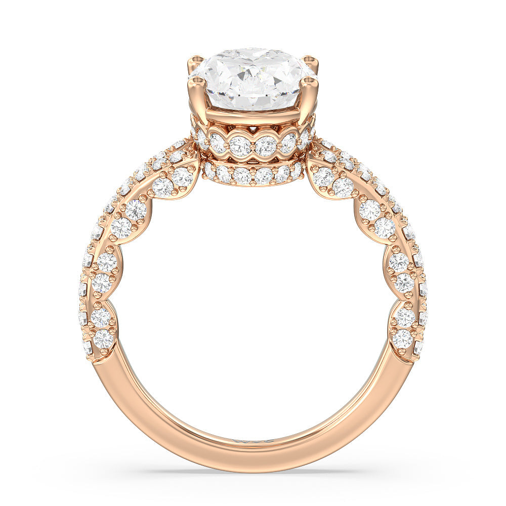 Pave Split Shank Scalloped Hidden Halo Engagement Ring with Oval Cut Diamond in 14KT Rose Gold view 2
