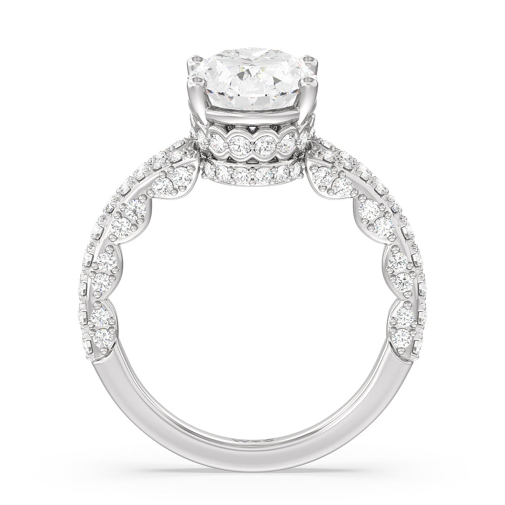 Pave Split Shank Scalloped Hidden Halo Engagement Ring with Oval Cut Diamond in 14KT Platinum view 2
