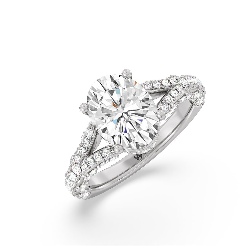 Pave Split Shank Scalloped Hidden Halo Engagement Ring with Oval Cut Diamond in 14KT Platinum view 3
