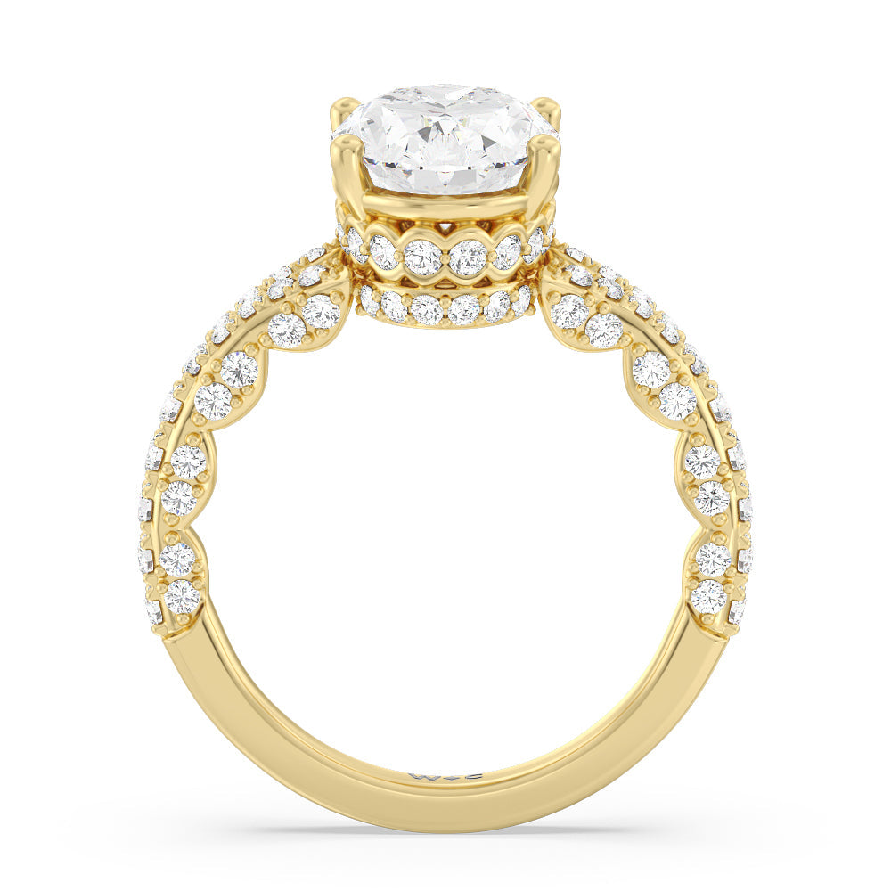 Pave Split Shank Scalloped Hidden Halo Engagement Ring with Oval Cut Diamond in 14KT Yellow Gold view 2
