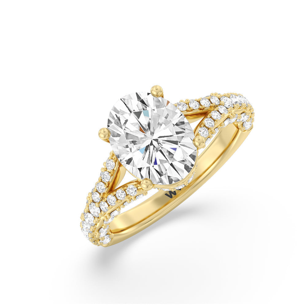 Pave Split Shank Scalloped Hidden Halo Engagement Ring with Oval Cut Diamond in 14KT Yellow Gold view 3
