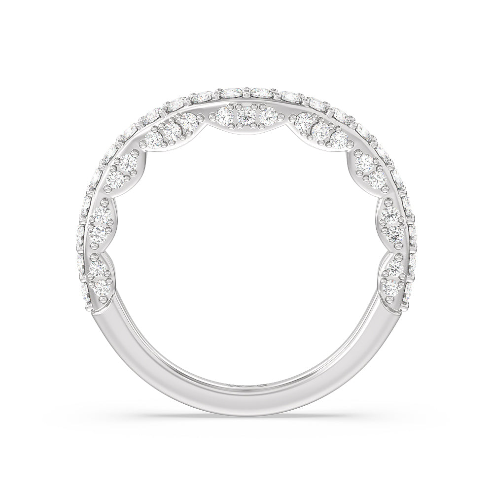 Pave Split Shank Scalloped Hidden Halo Diamond Wedding Band with Lab Cut Diamond in 14KT White Gold view 2
