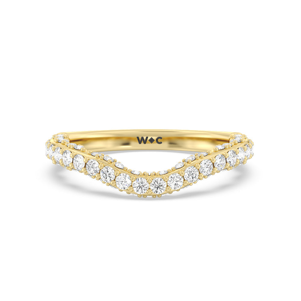 Pave Split Shank Scalloped Hidden Halo Diamond Wedding Band with Lab Cut Diamond in 14KT Yellow Gold view 1
