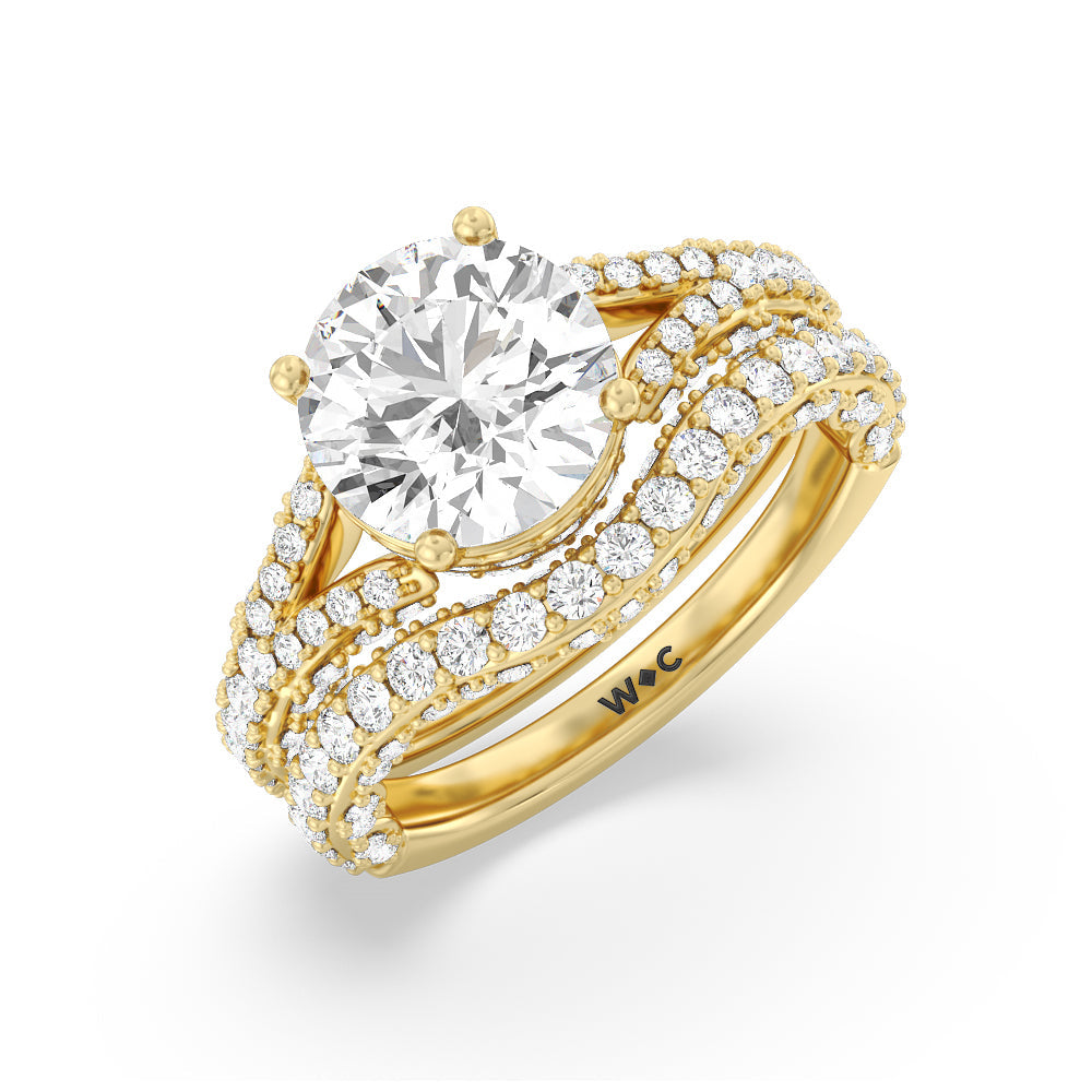 Pave Split Shank Scalloped Hidden Halo Diamond Wedding Band with Lab Cut Diamond in 14KT Yellow Gold view 3
