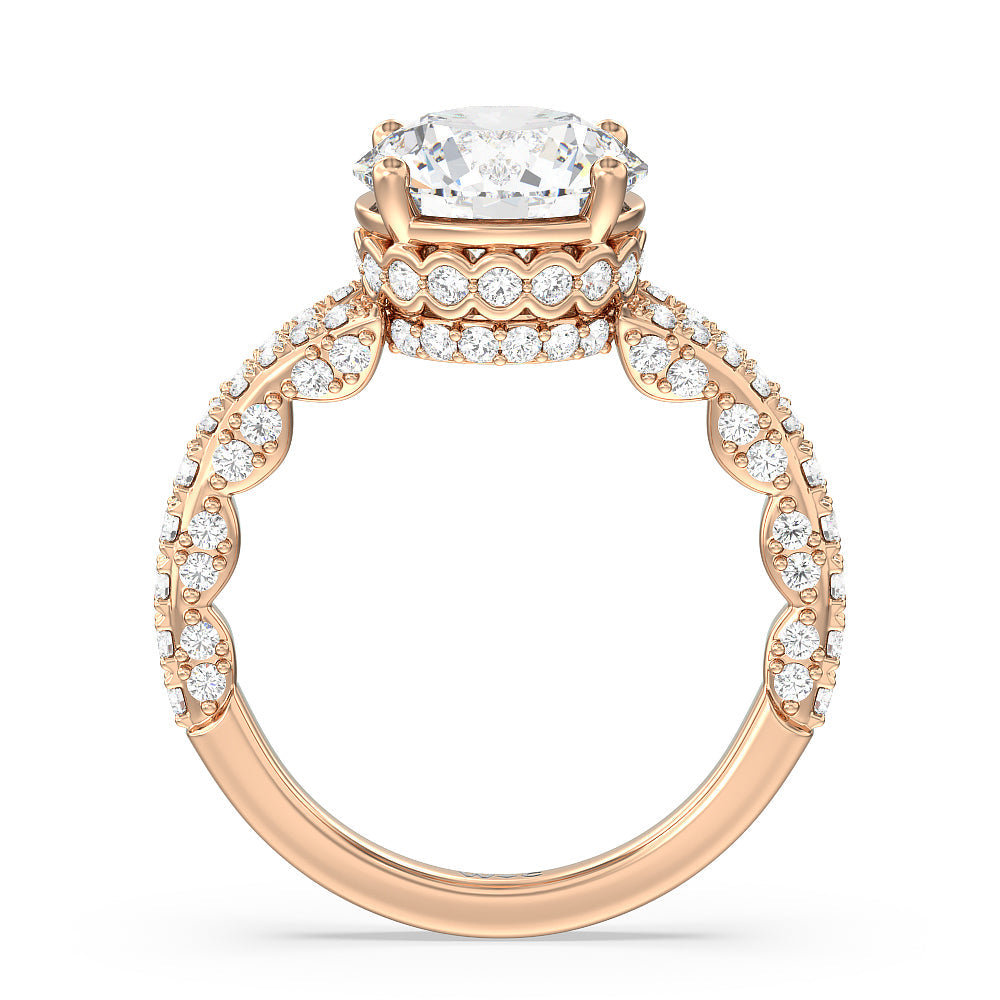 Pave Split Shank Scalloped Hidden Halo Engagement Ring with Round Cut Diamond in 14KT Rose Gold view 2
