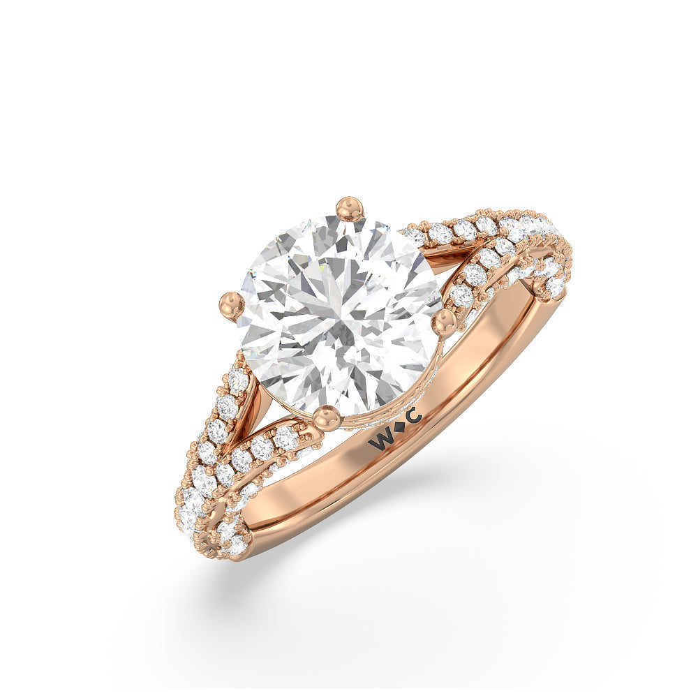 Pave Split Shank Scalloped Hidden Halo Engagement Ring with Round Cut Diamond in 14KT Rose Gold view 3
