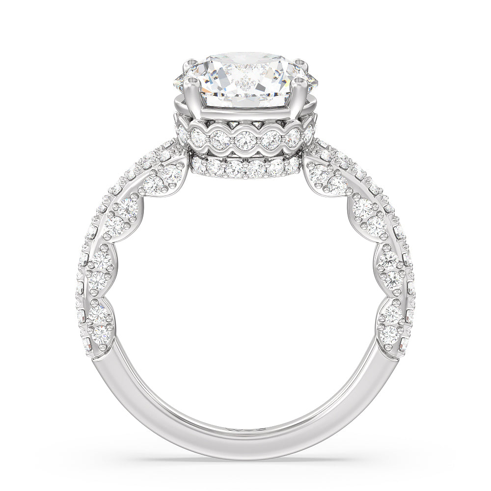 Pave Split Shank Scalloped Hidden Halo Engagement Ring with Round Cut Diamond in 14KT Platinum view 2

