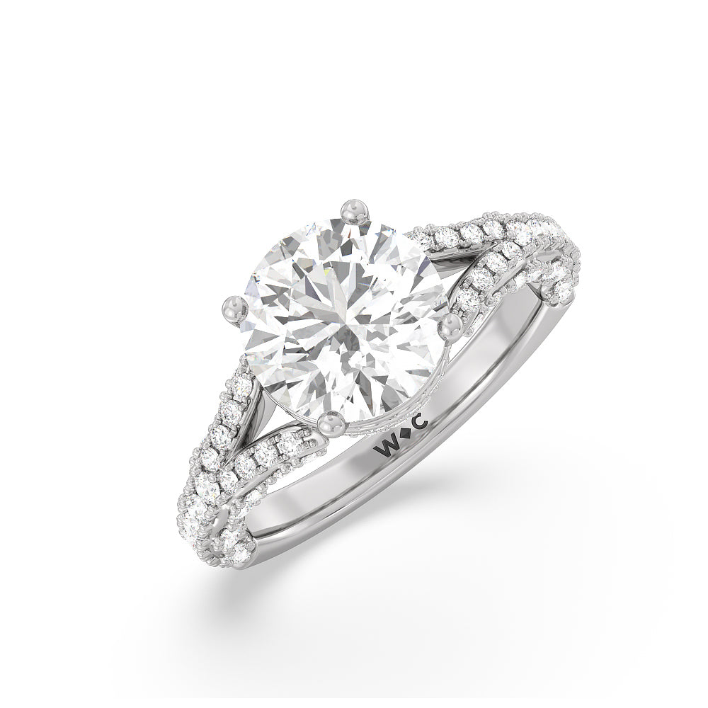 Pave Split Shank Scalloped Hidden Halo Engagement Ring with Round Cut Diamond in 14KT Platinum view 3
