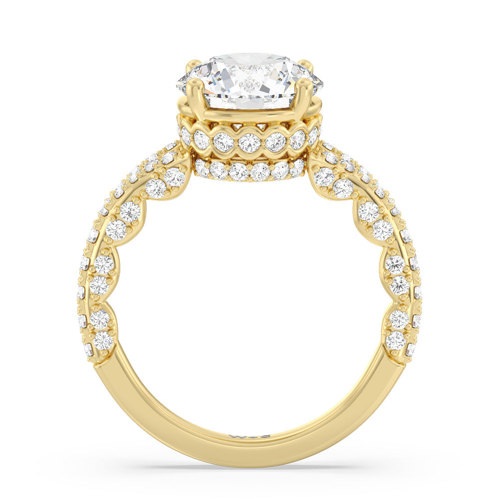 Pave Split Shank Scalloped Hidden Halo Engagement Ring with Round Cut Diamond in 14KT Yellow Gold view 2
