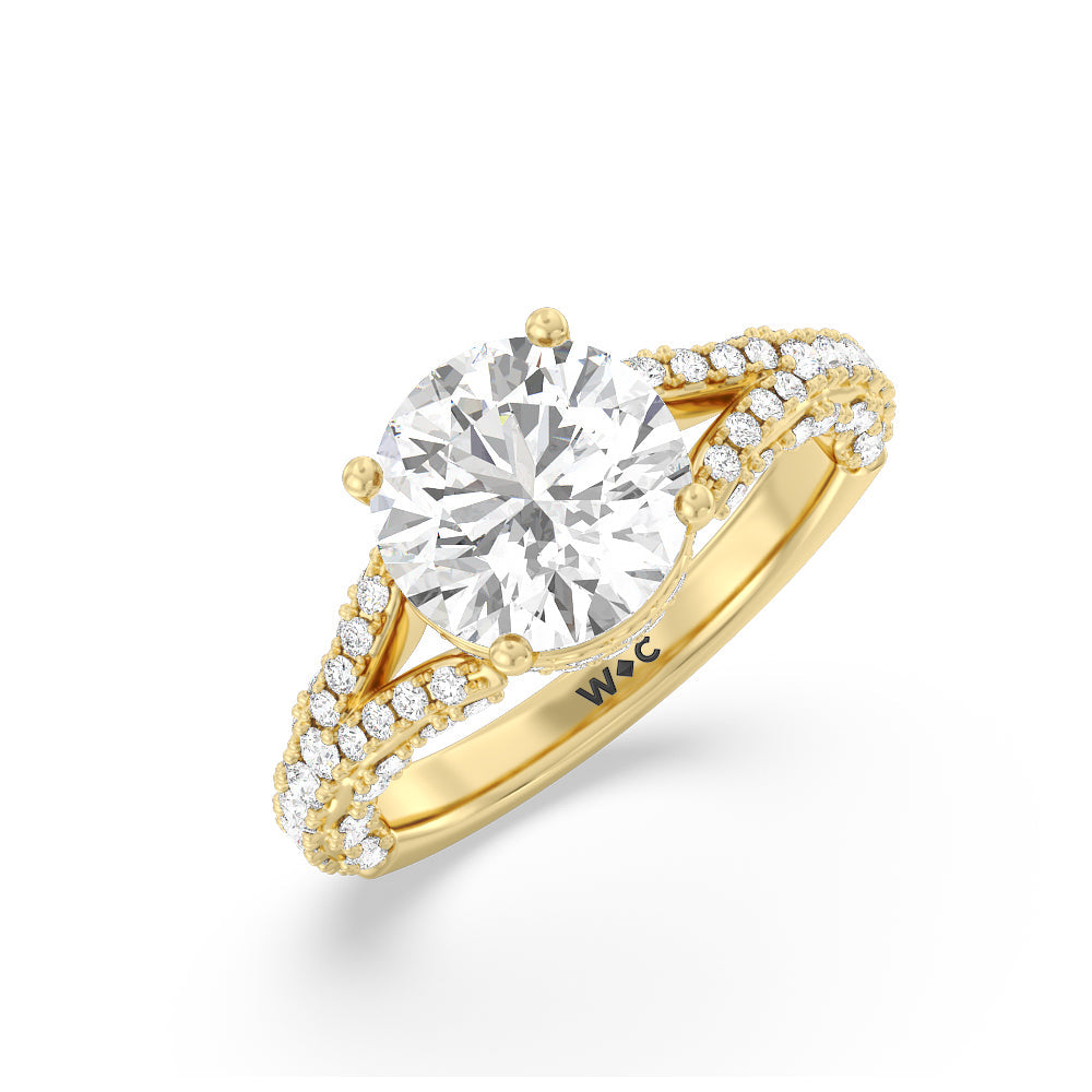 Pave Split Shank Scalloped Hidden Halo Engagement Ring with Round Cut Diamond in 14KT Yellow Gold view 3
