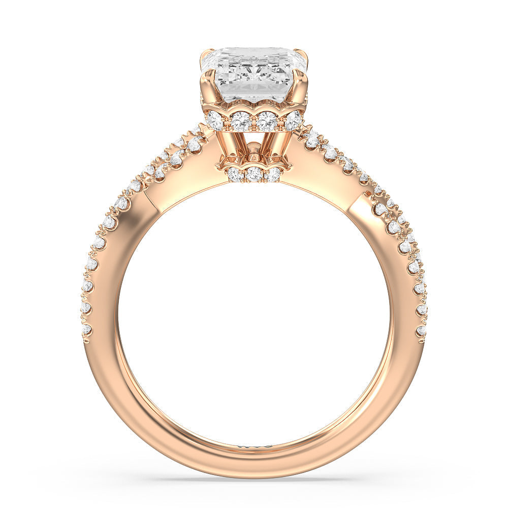 Twin Scalloped Hidden Halo Crossover Engagement Ring with Emerald Cut Diamond in 14KT Rose Gold view 2
