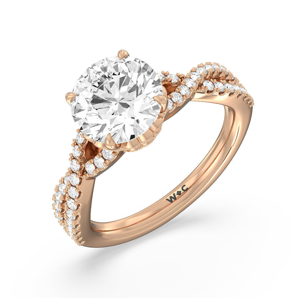 Twin Scalloped Hidden Halo Crossover Engagement Ring with Round Cut Diamond in 14KT Rose Gold view 3
