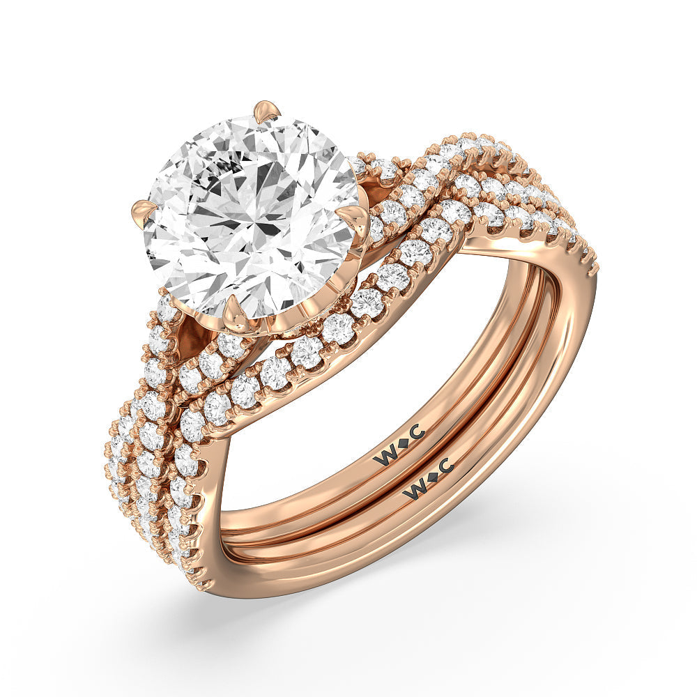 Twin Scalloped Hidden Halo Crossover Diamond Wedding Band with 18KT Rose Gold Cut Diamond in 14KT Rose Gold view 3
