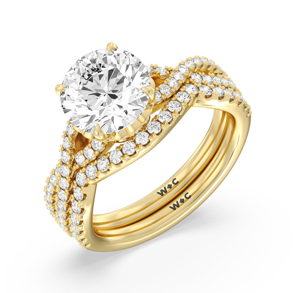 Twin Scalloped Hidden Halo Crossover Diamond Wedding Band with 18KT Yellow Gold Cut Diamond in 14KT Yellow Gold view 3
