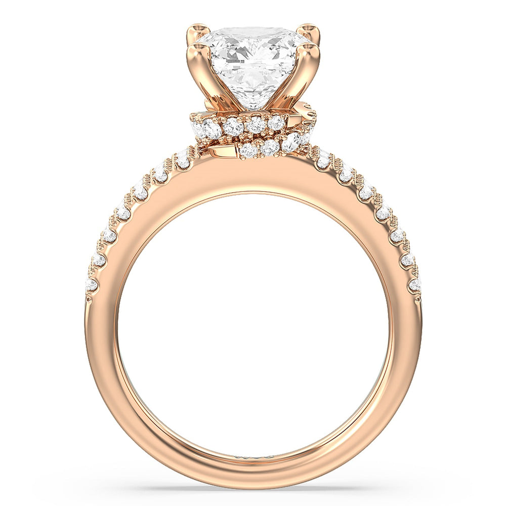 Double Row Pave Ascending Hidden Halo Engagement Ring with Cushion Cut Diamond in 14KT Rose Gold view 2

