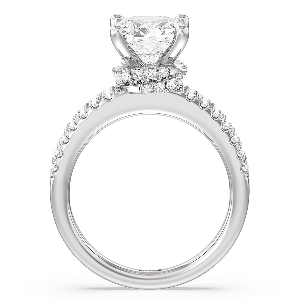 Double Row Pave Ascending Hidden Halo Engagement Ring with Cushion Cut Diamond in 14KT Platinum view 2
