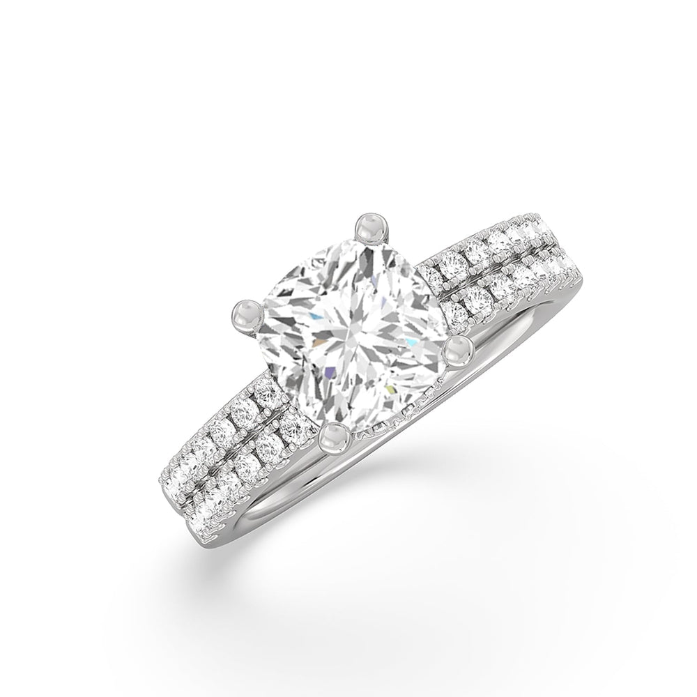 Double Row Pave Ascending Hidden Halo Engagement Ring with Cushion Cut Diamond in 14KT Platinum view 3
