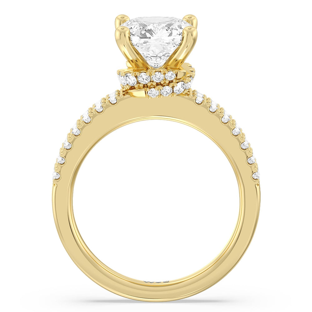 Double Row Pave Ascending Hidden Halo Engagement Ring with Cushion Cut Diamond in 14KT Yellow Gold view 2
