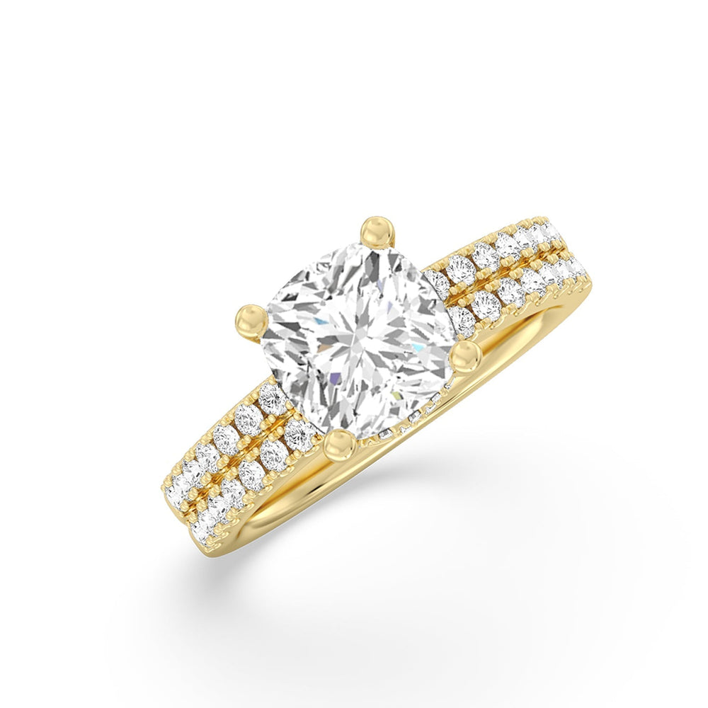 Double Row Pave Ascending Hidden Halo Engagement Ring with Cushion Cut Diamond in 14KT Yellow Gold view 3
