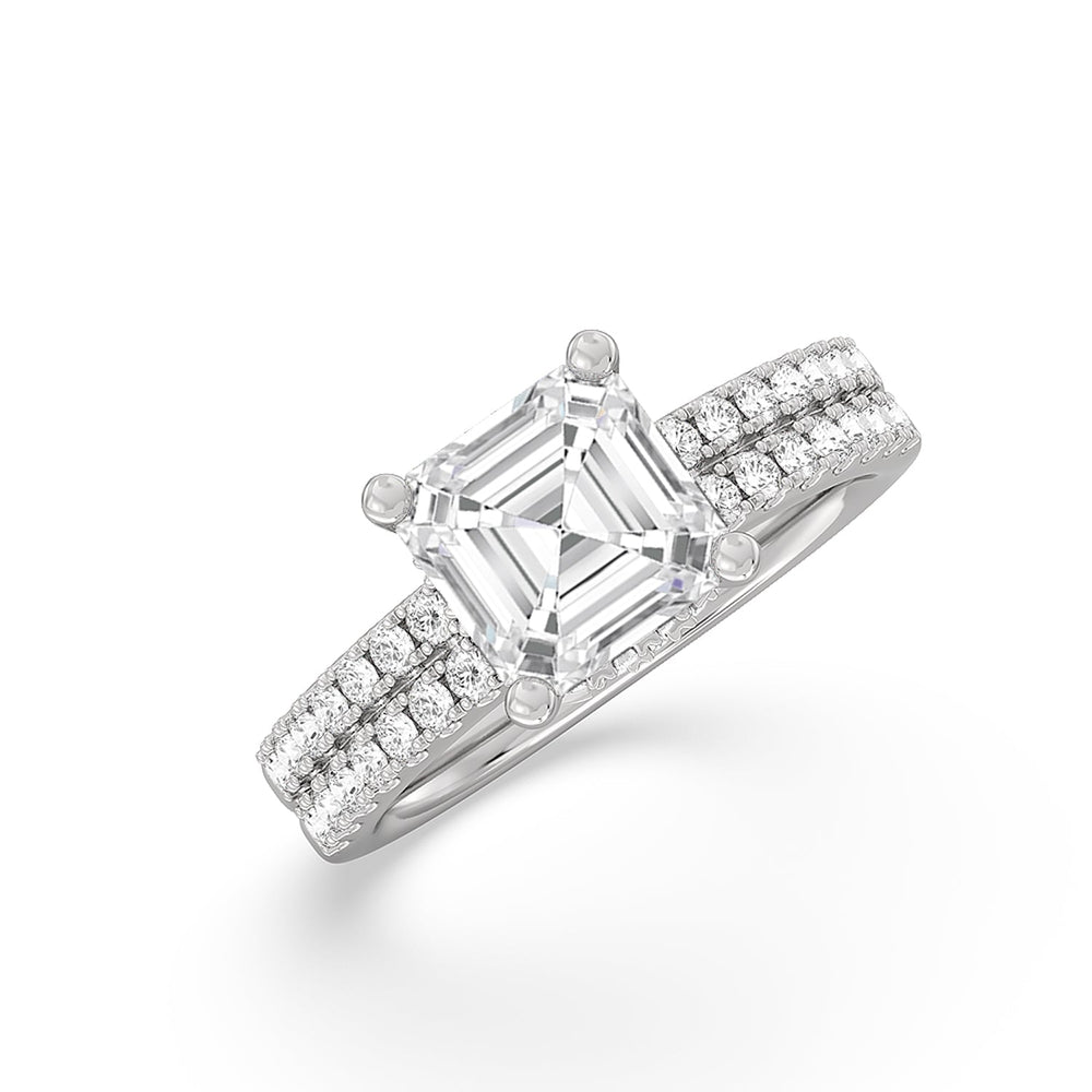 Double Row Pave Ascending Hidden Halo Engagement Ring with Asscher Cut Diamond in 14KT Platinum view 3
