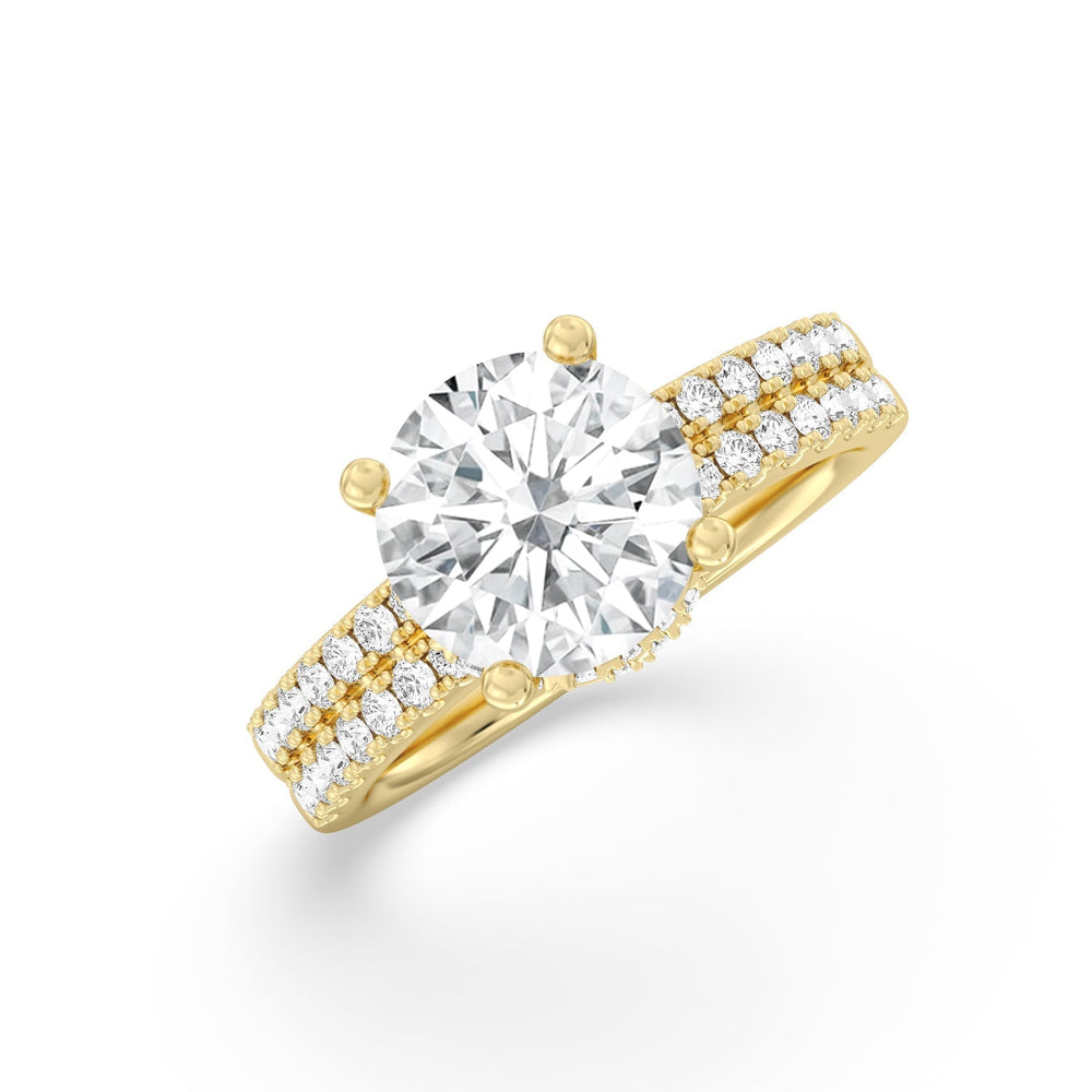 Double Row Pave Ascending Hidden Halo Engagement Ring with Round Cut Diamond in 14KT Yellow Gold view 3
