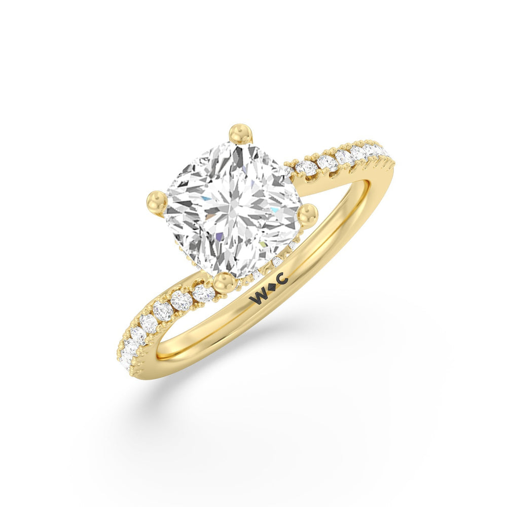 Spiral Hidden Halo Engagement Ring with Cushion Cut Diamond in 14KT Yellow Gold view 3
