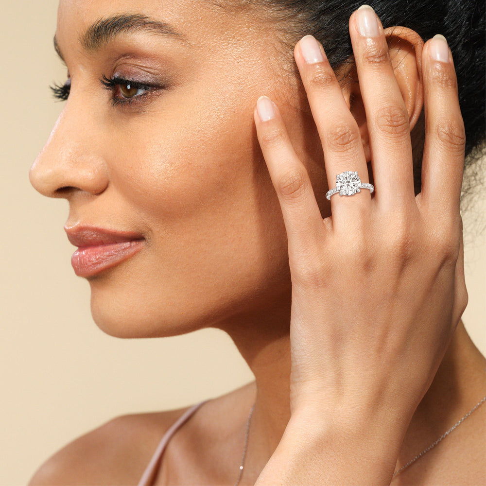 Model Wearing Lustrous Traditonal Pave Ring view