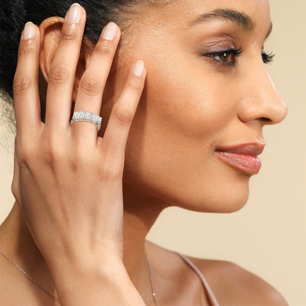 Elegance Hidden Halo Emerald Five Stone Anniversary Ring with 18KT Yellow Gold / Lab / 4 Cut Diamond in 14KT Yellow Gold / Lab / 4 view 3
