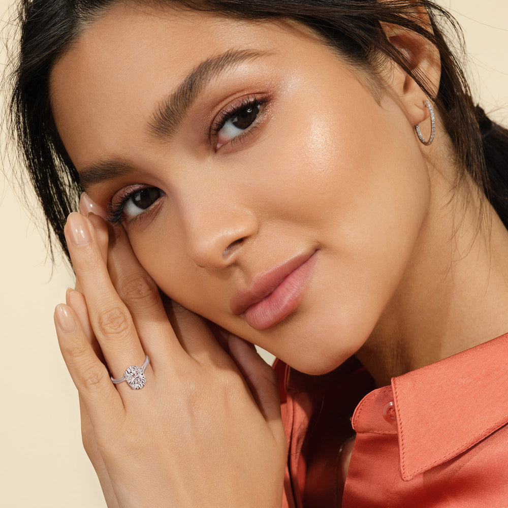 Model Wearing Elegance Bypass Hidden Halo Engagement Ring with Lab Grown Diamond view