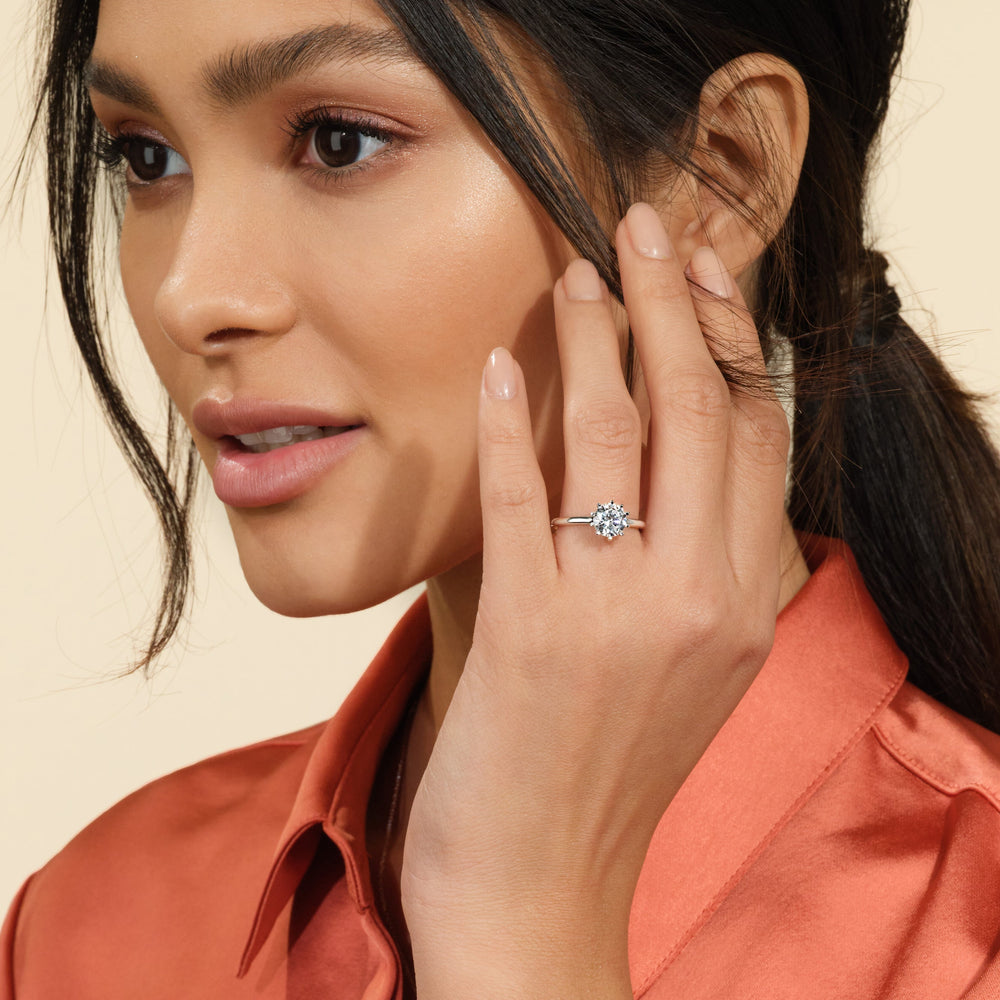 Model Wearing Petite Ten Prong Solitaire Engagement Ring view